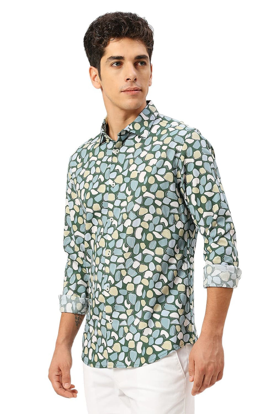 BASICS SLIM FIT EDEN GREEN COTTON VISCOSE TWILL PRINTED SHIRT