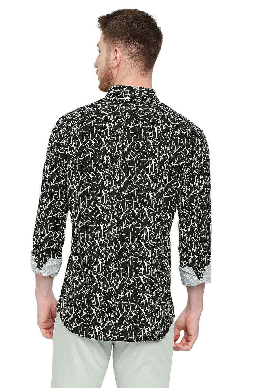 BASICS SLIM FIT OYSTER BLACK COTTON VISCOSE PRINTED SHIRT