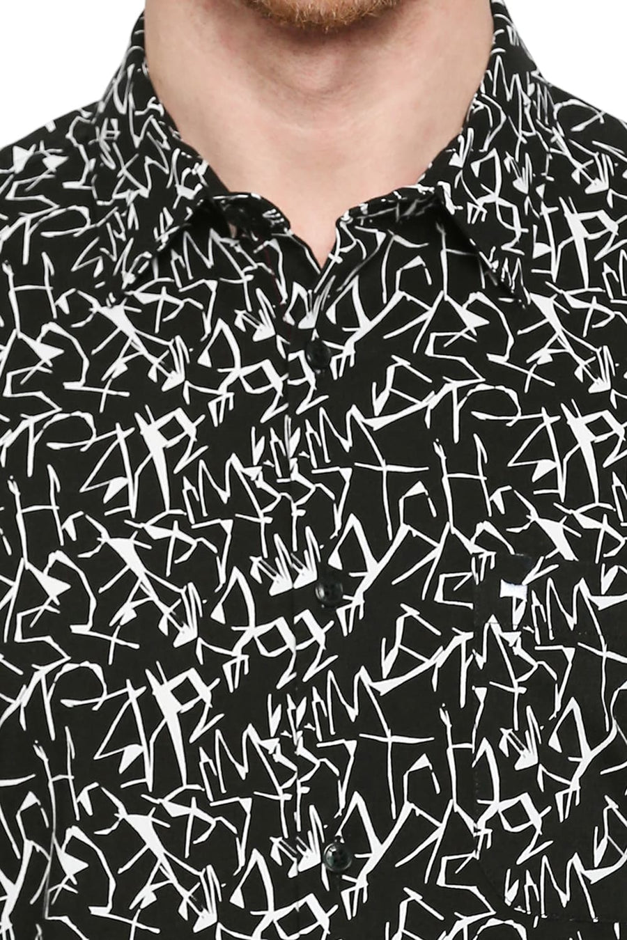 BASICS SLIM FIT OYSTER BLACK COTTON VISCOSE PRINTED SHIRT