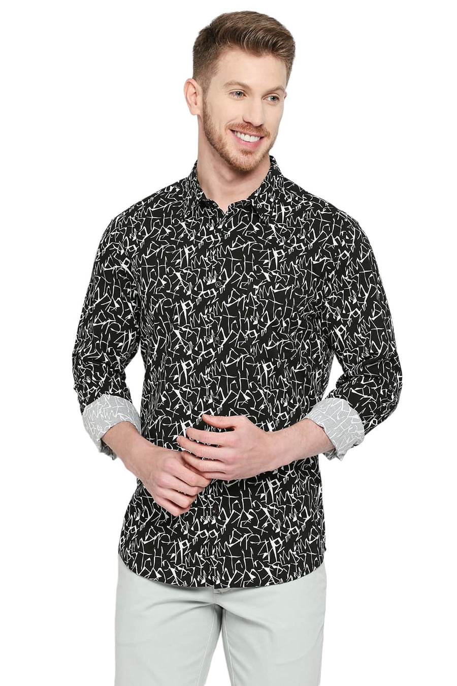 BASICS SLIM FIT OYSTER BLACK COTTON VISCOSE PRINTED SHIRT