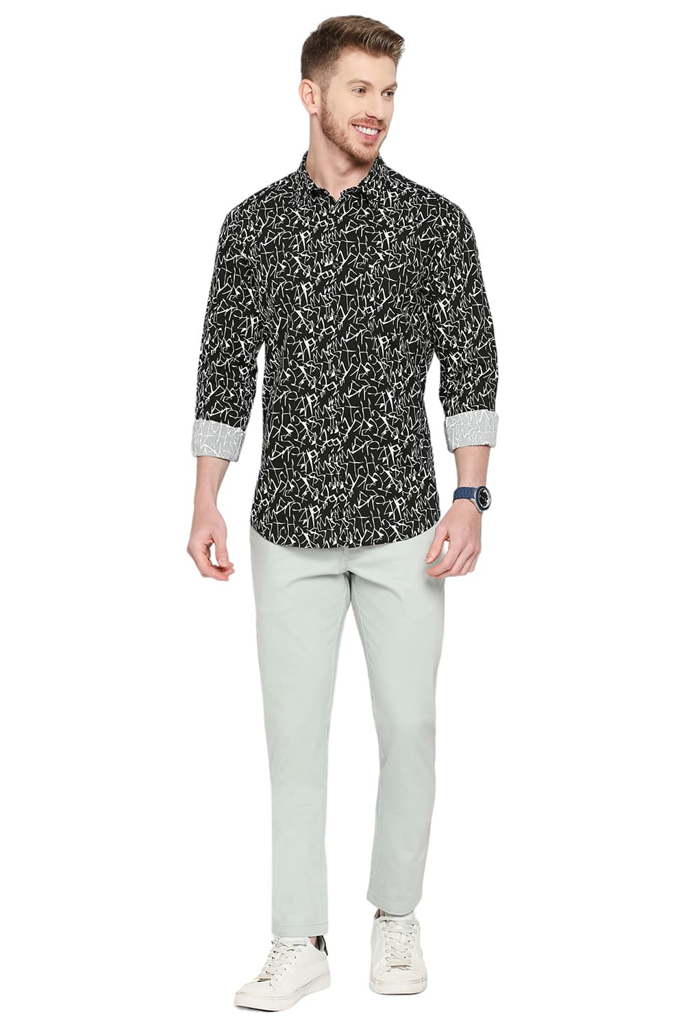 BASICS SLIM FIT COTTON VISCOSE PRINTED SHIRT