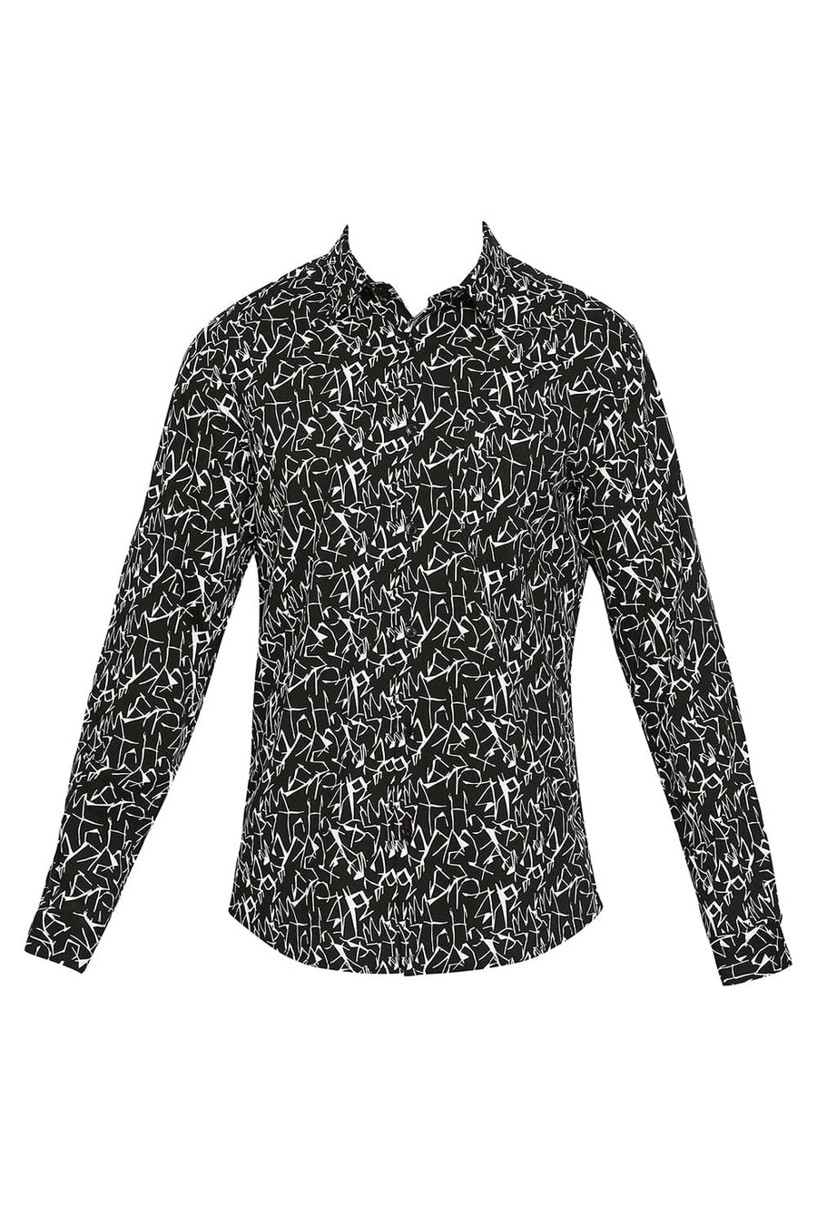 BASICS SLIM FIT OYSTER BLACK COTTON VISCOSE PRINTED SHIRT