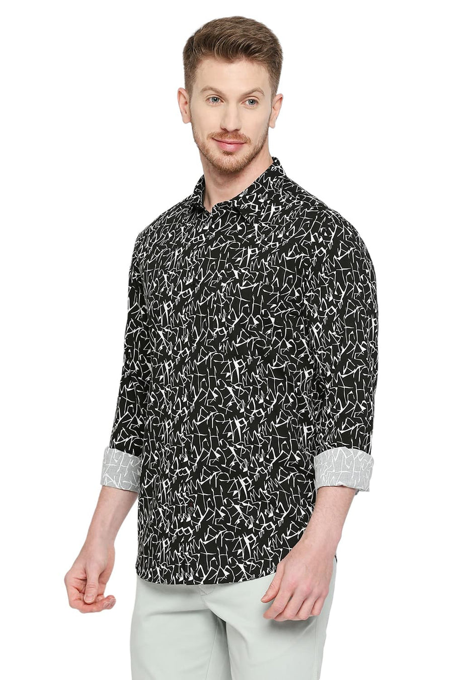 BASICS SLIM FIT OYSTER BLACK COTTON VISCOSE PRINTED SHIRT