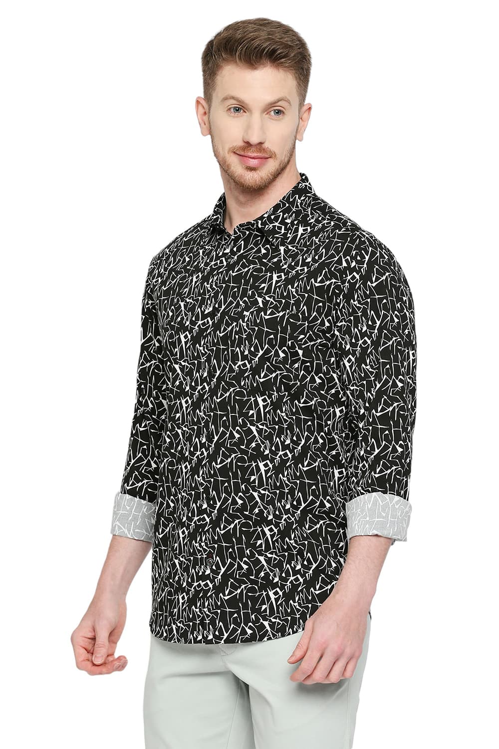 BASICS SLIM FIT COTTON VISCOSE PRINTED SHIRT