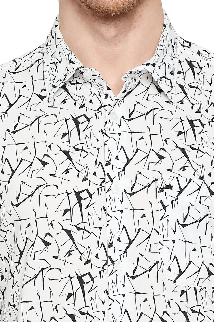 BASICS SLIM FIT LUCENT WHITE COTTON VISCOSE PRINTED SHIRT