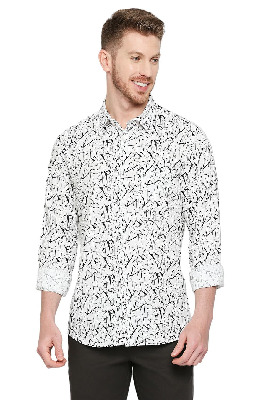 BASICS SLIM FIT LUCENT WHITE COTTON VISCOSE PRINTED SHIRT