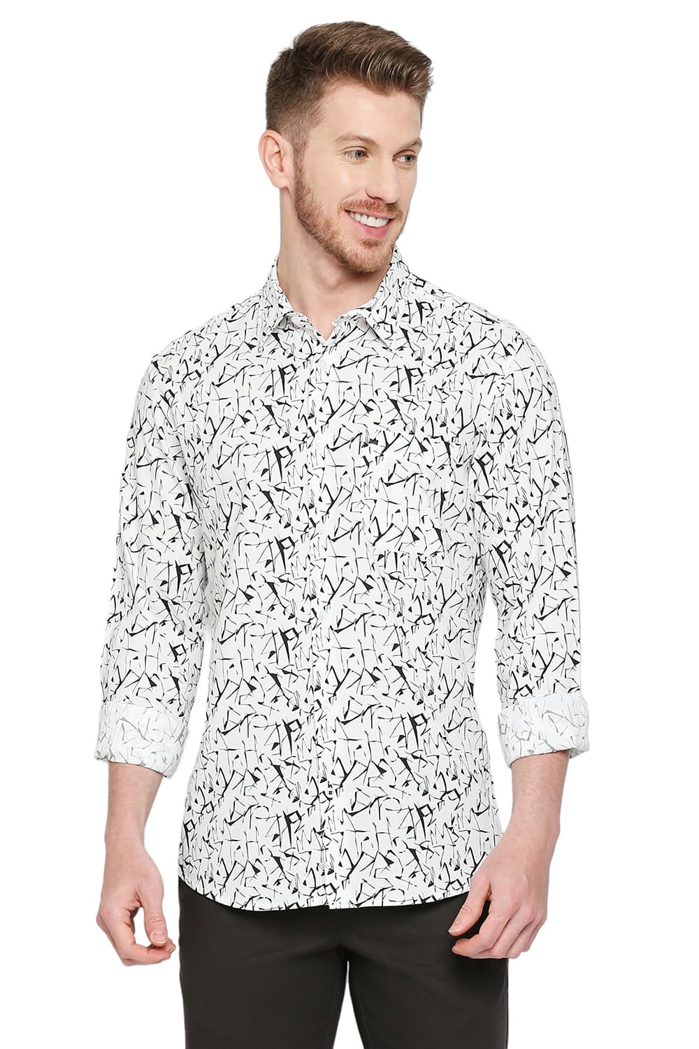 BASICS SLIM FIT COTTON VISCOSE PRINTED SHIRT