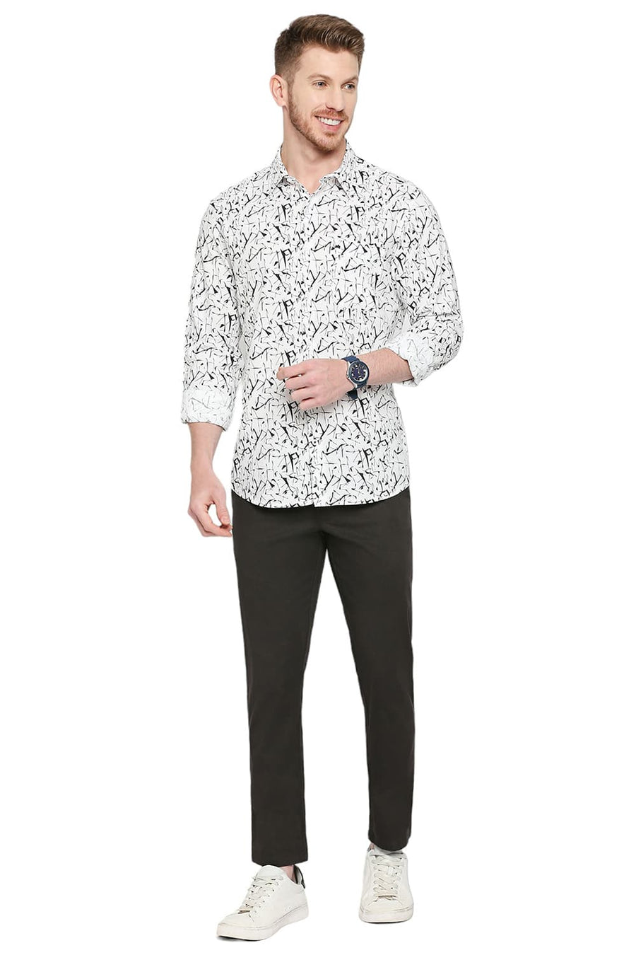 BASICS SLIM FIT LUCENT WHITE COTTON VISCOSE PRINTED SHIRT