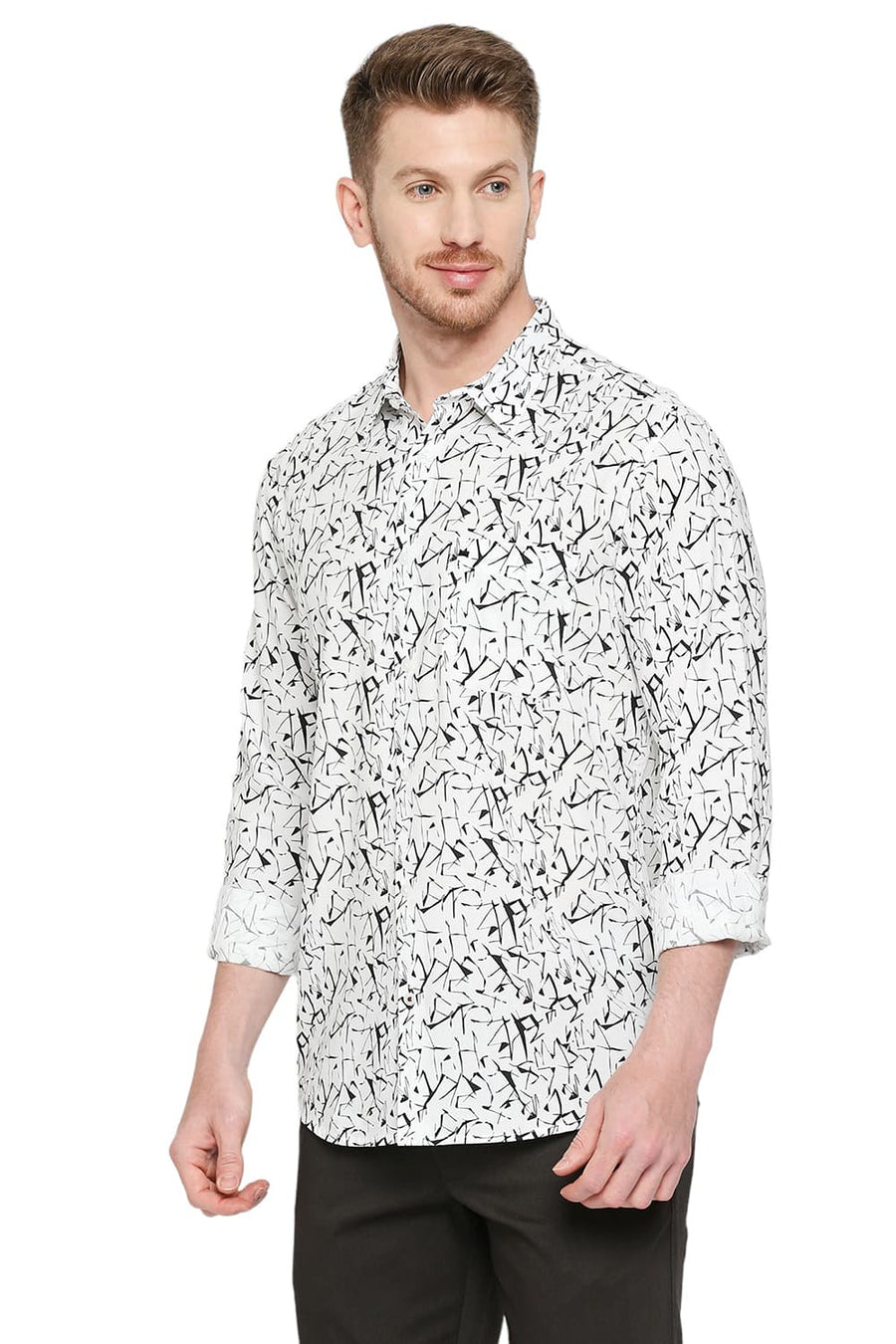 BASICS SLIM FIT LUCENT WHITE COTTON VISCOSE PRINTED SHIRT