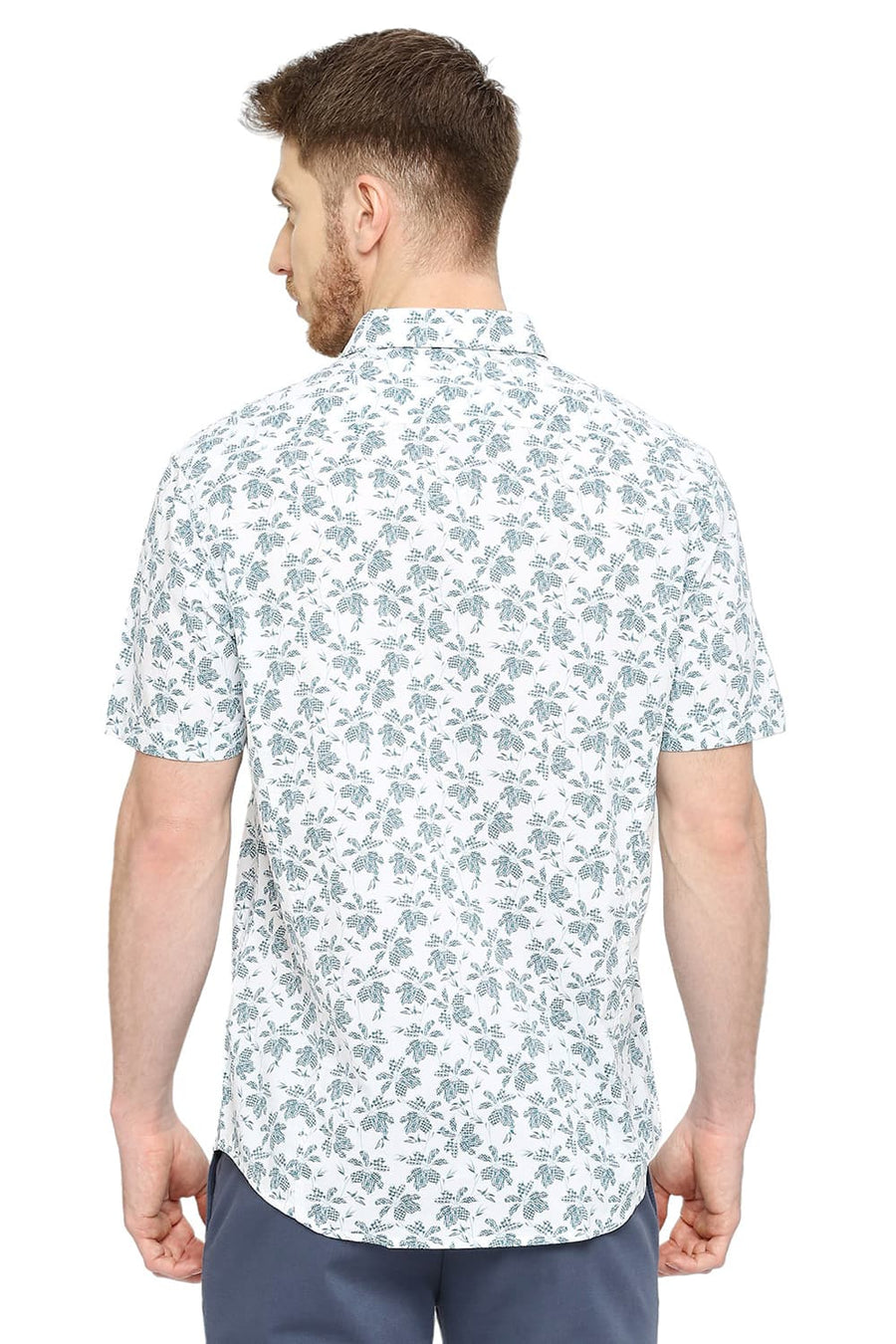 BASICS SLIM FIT BRIGHT WHITE COTTON VISCOSE PRINTED HALFSLEEVES SHIRT