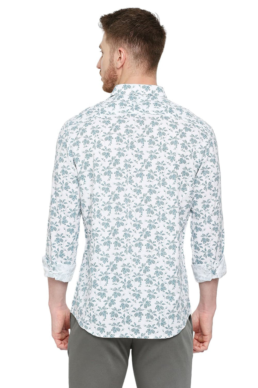 BASICS SLIM FIT BRIGHT WHITE COTTON VISCOSE PRINTED SHIRT