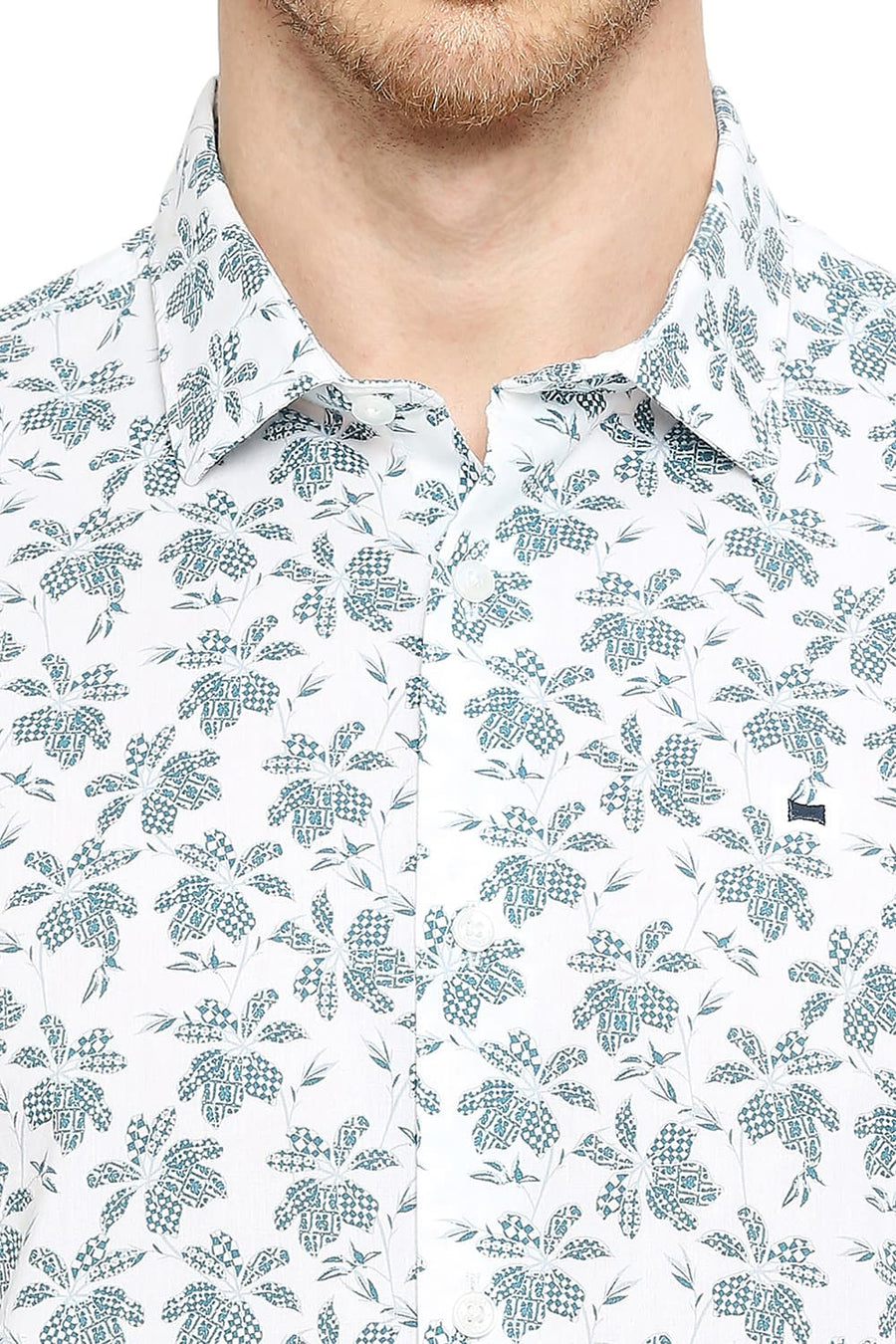 BASICS SLIM FIT BRIGHT WHITE COTTON VISCOSE PRINTED HALFSLEEVES SHIRT