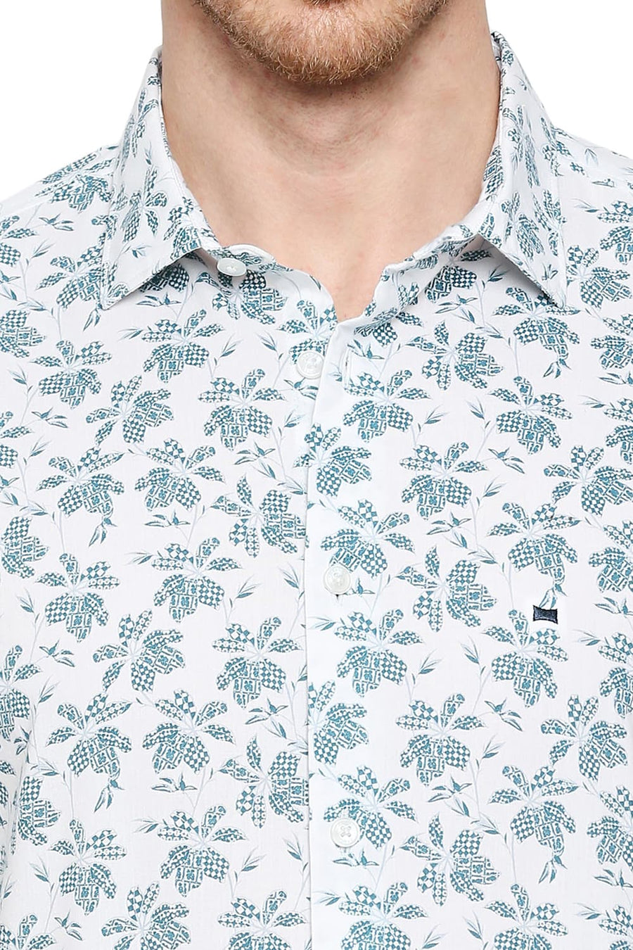 BASICS SLIM FIT BRIGHT WHITE COTTON VISCOSE PRINTED SHIRT