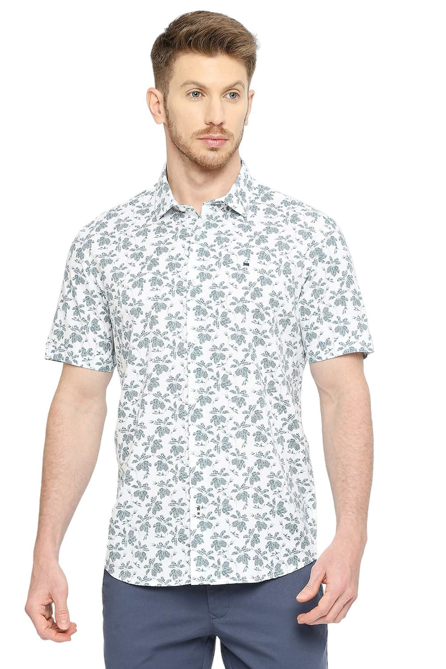 BASICS SLIM FIT BRIGHT WHITE COTTON VISCOSE PRINTED HALFSLEEVES SHIRT