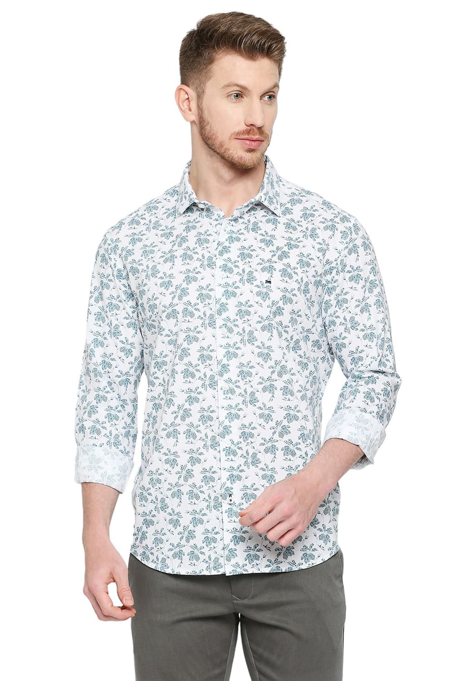 BASICS SLIM FIT BRIGHT WHITE COTTON VISCOSE PRINTED SHIRT