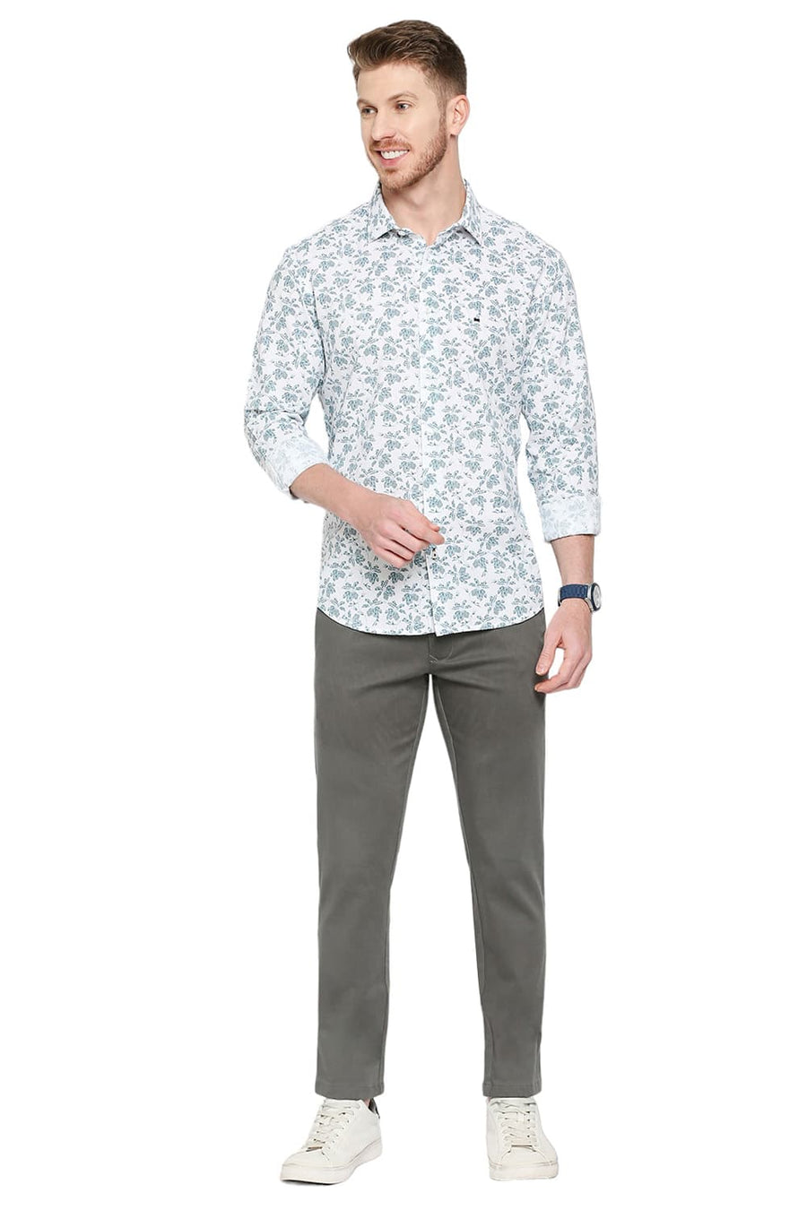 BASICS SLIM FIT BRIGHT WHITE COTTON VISCOSE PRINTED SHIRT