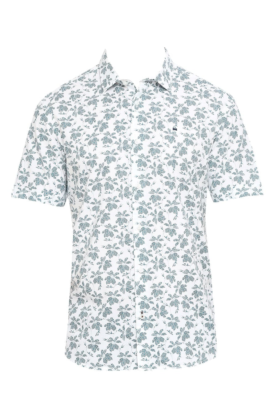 BASICS SLIM FIT BRIGHT WHITE COTTON VISCOSE PRINTED HALFSLEEVES SHIRT