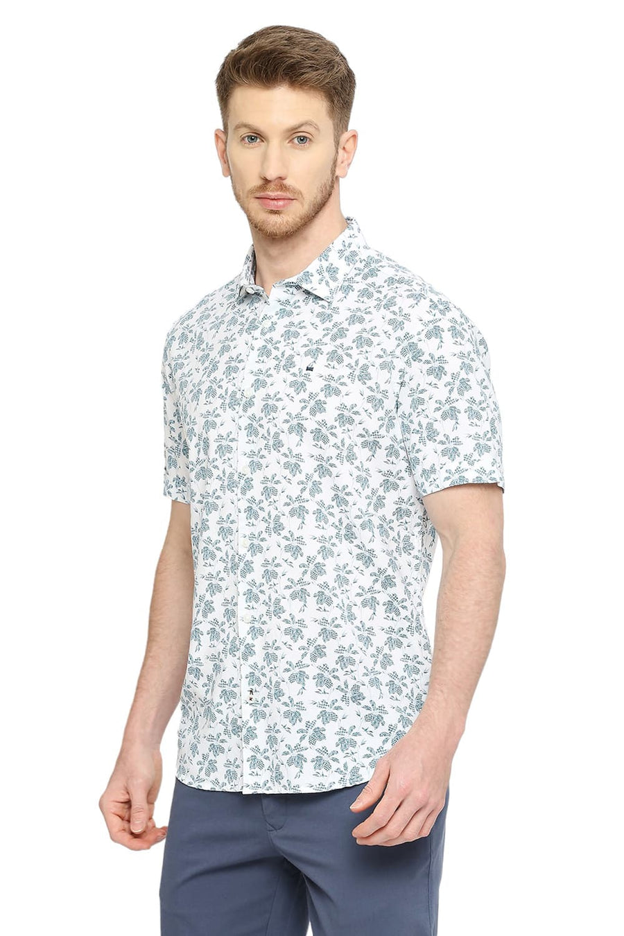 BASICS SLIM FIT BRIGHT WHITE COTTON VISCOSE PRINTED HALFSLEEVES SHIRT