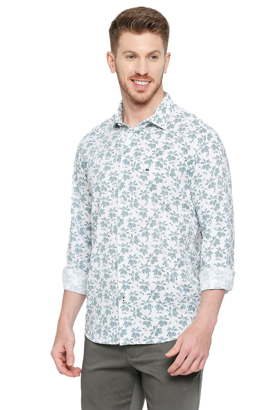 BASICS SLIM FIT BRIGHT WHITE COTTON VISCOSE PRINTED SHIRT