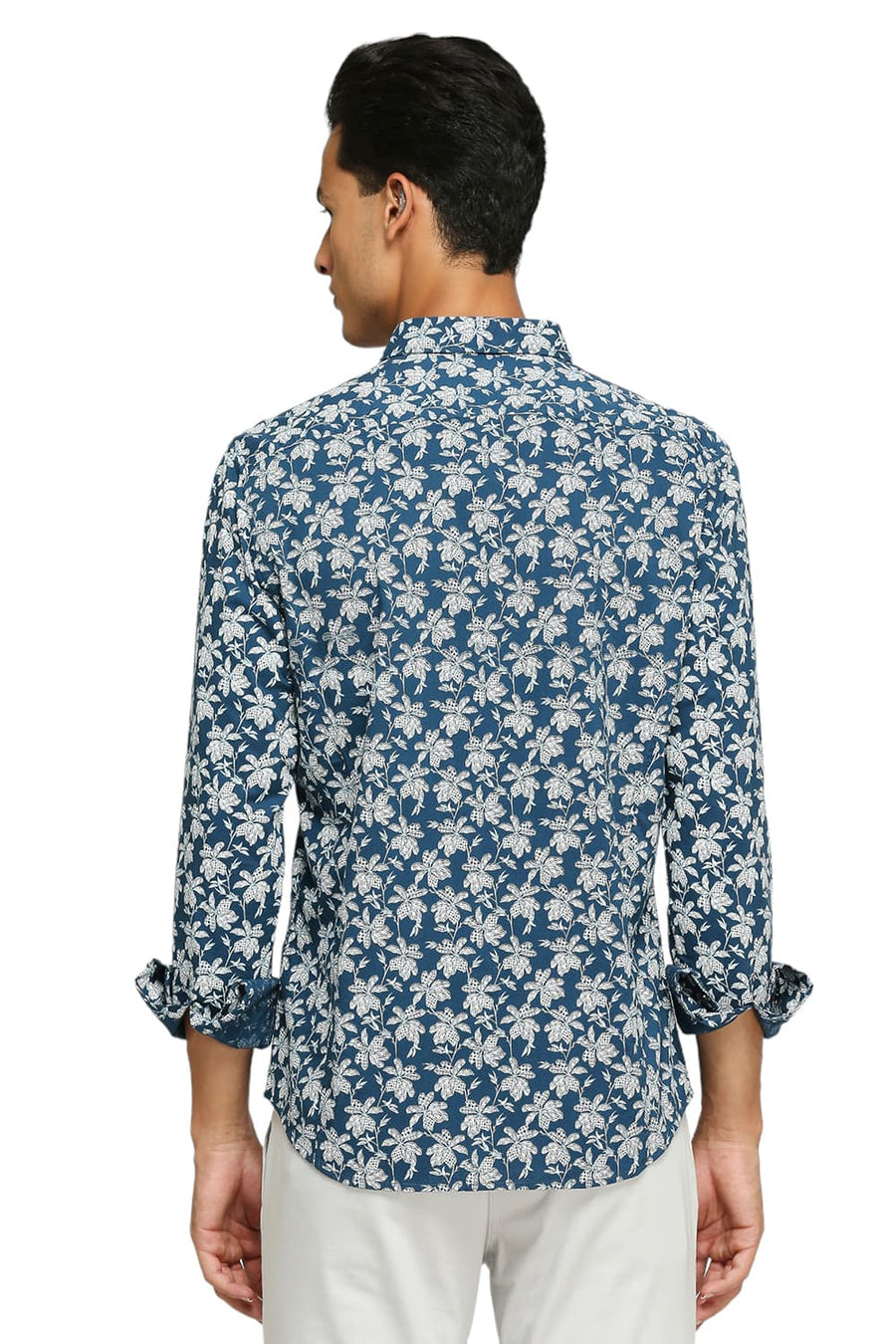 BASICS SLIM FIT LAKE BLUE COTTON VISCOSE PRINTED SHIRT