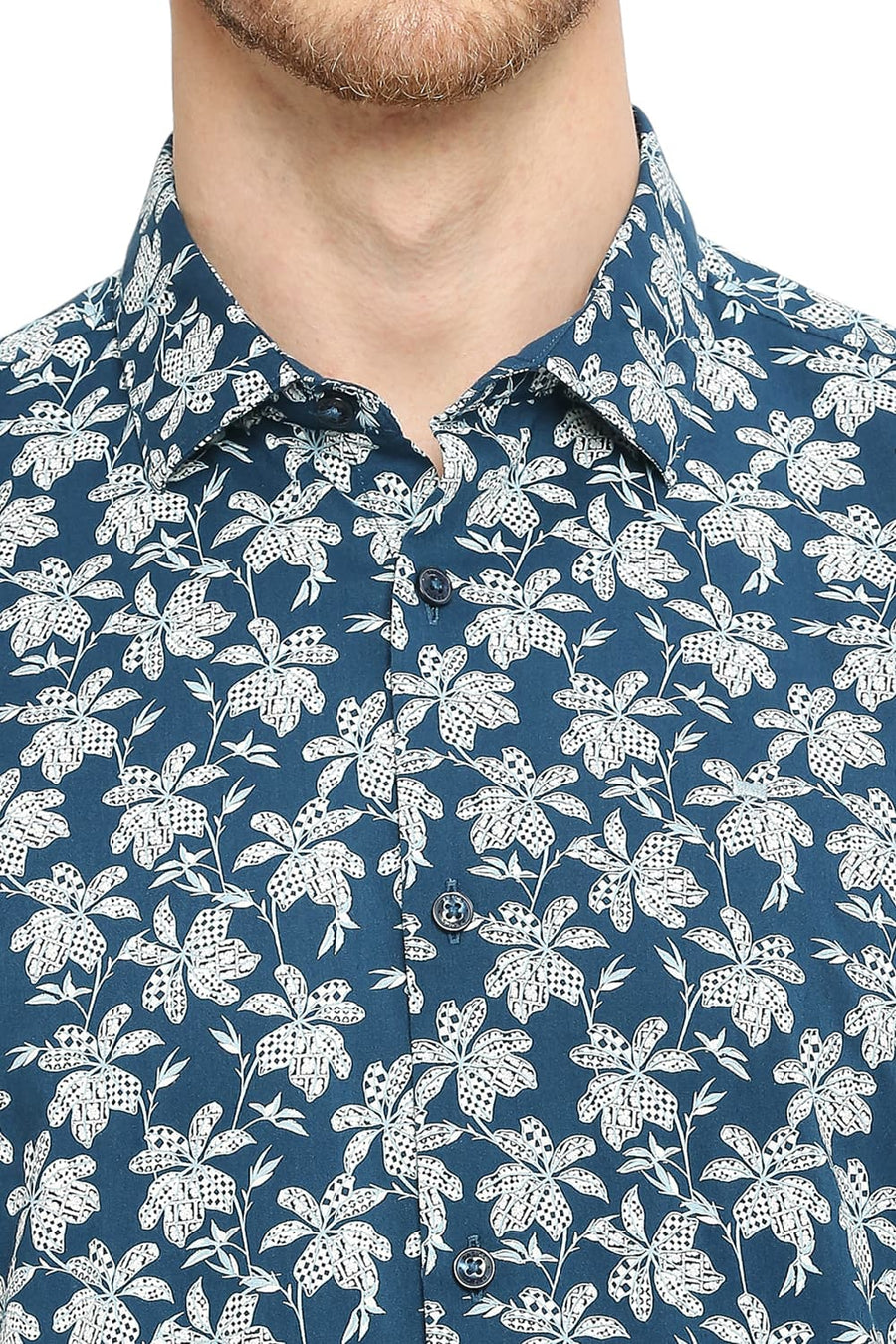 BASICS SLIM FIT LAKE BLUE COTTON VISCOSE PRINTED HALFSLEEVES SHIRT