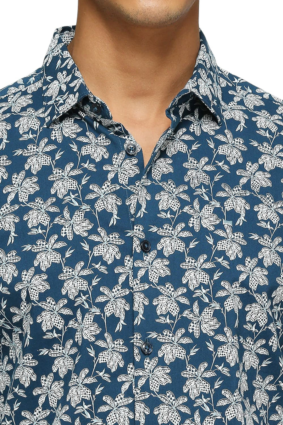 BASICS SLIM FIT LAKE BLUE COTTON VISCOSE PRINTED SHIRT