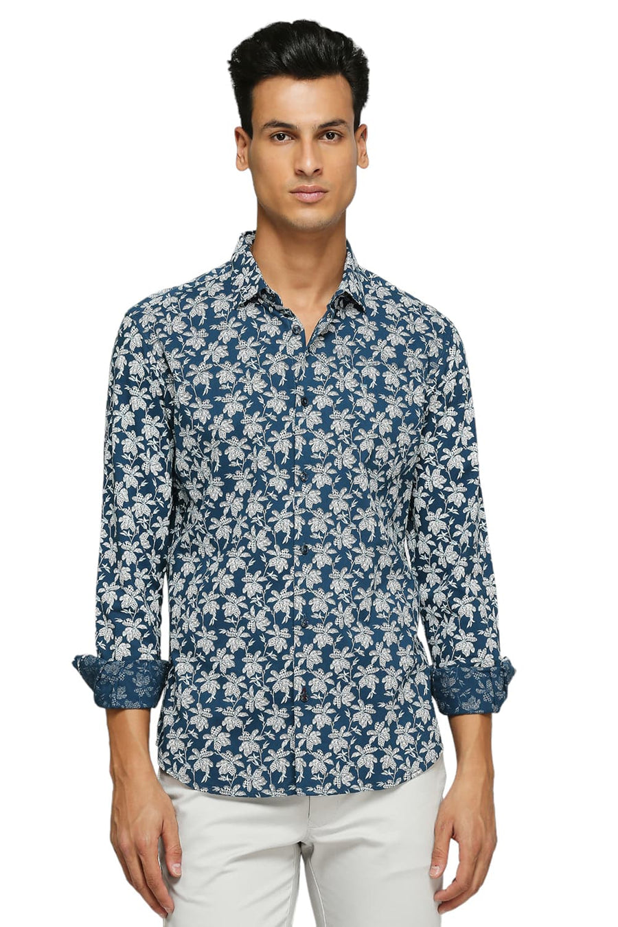 BASICS SLIM FIT LAKE BLUE COTTON VISCOSE PRINTED SHIRT