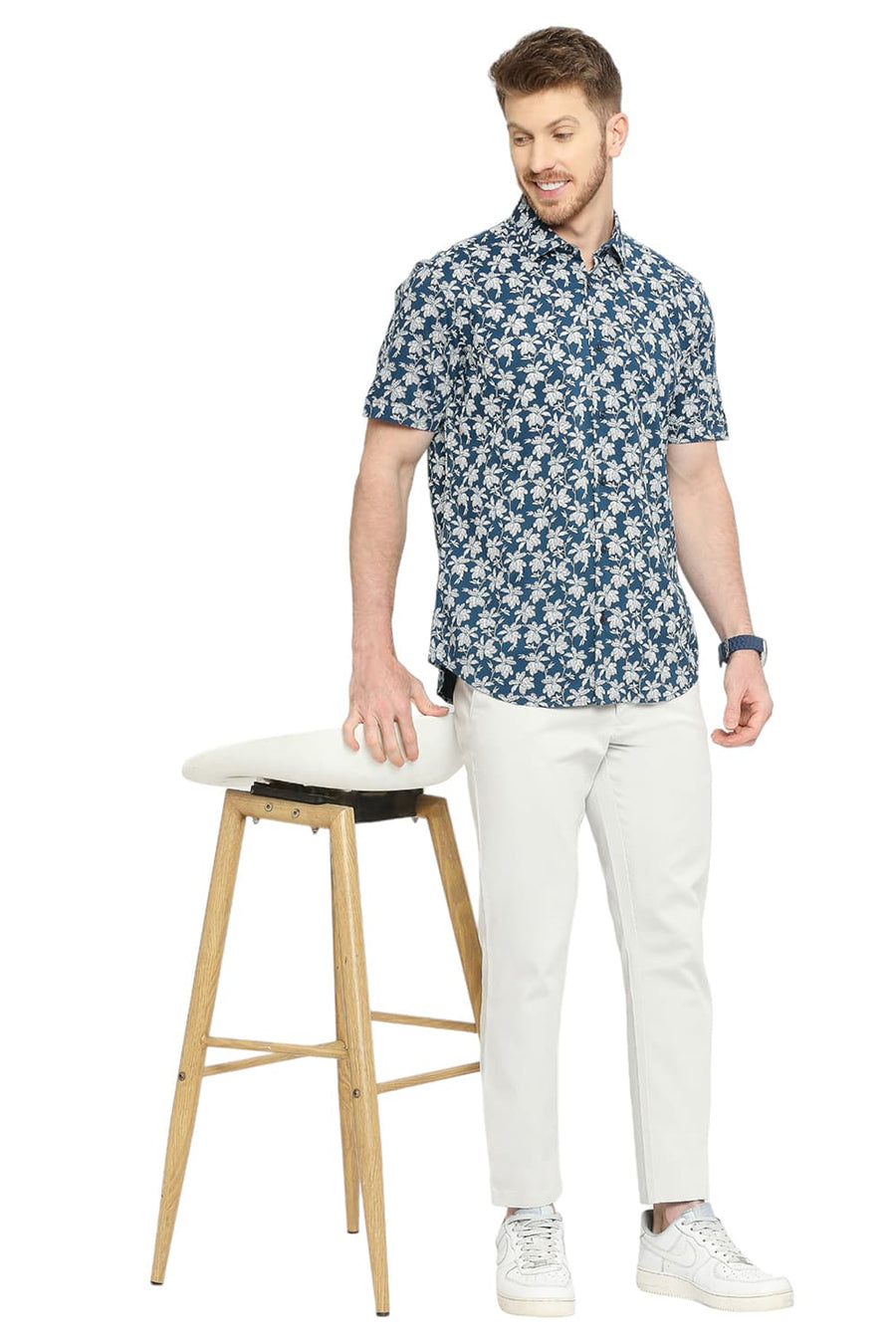 BASICS SLIM FIT LAKE BLUE COTTON VISCOSE PRINTED HALFSLEEVES SHIRT