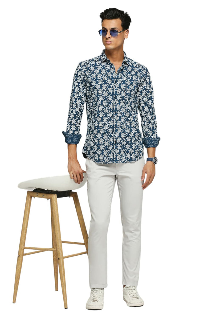 BASICS SLIM FIT LAKE BLUE COTTON VISCOSE PRINTED SHIRT