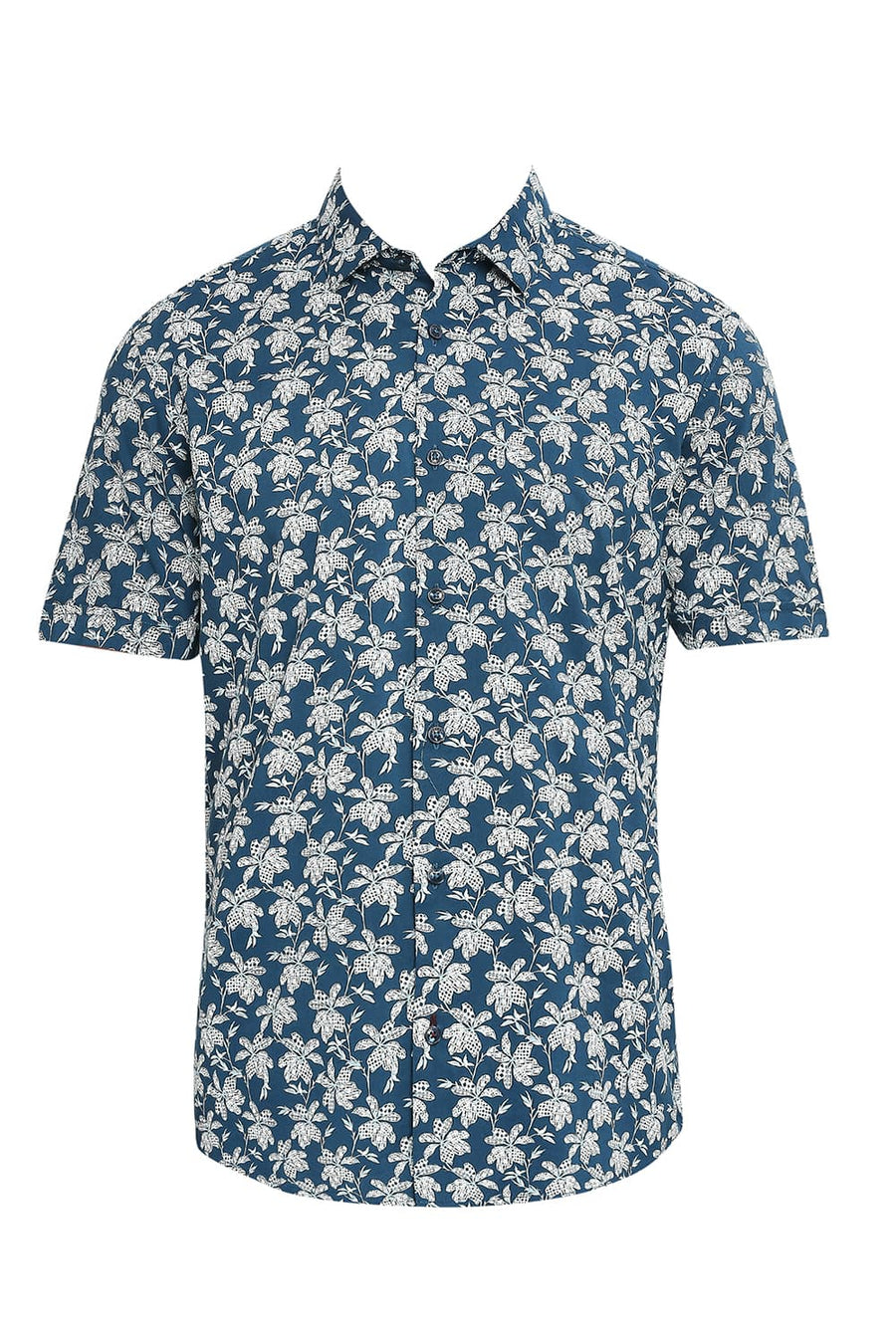 BASICS SLIM FIT LAKE BLUE COTTON VISCOSE PRINTED HALFSLEEVES SHIRT
