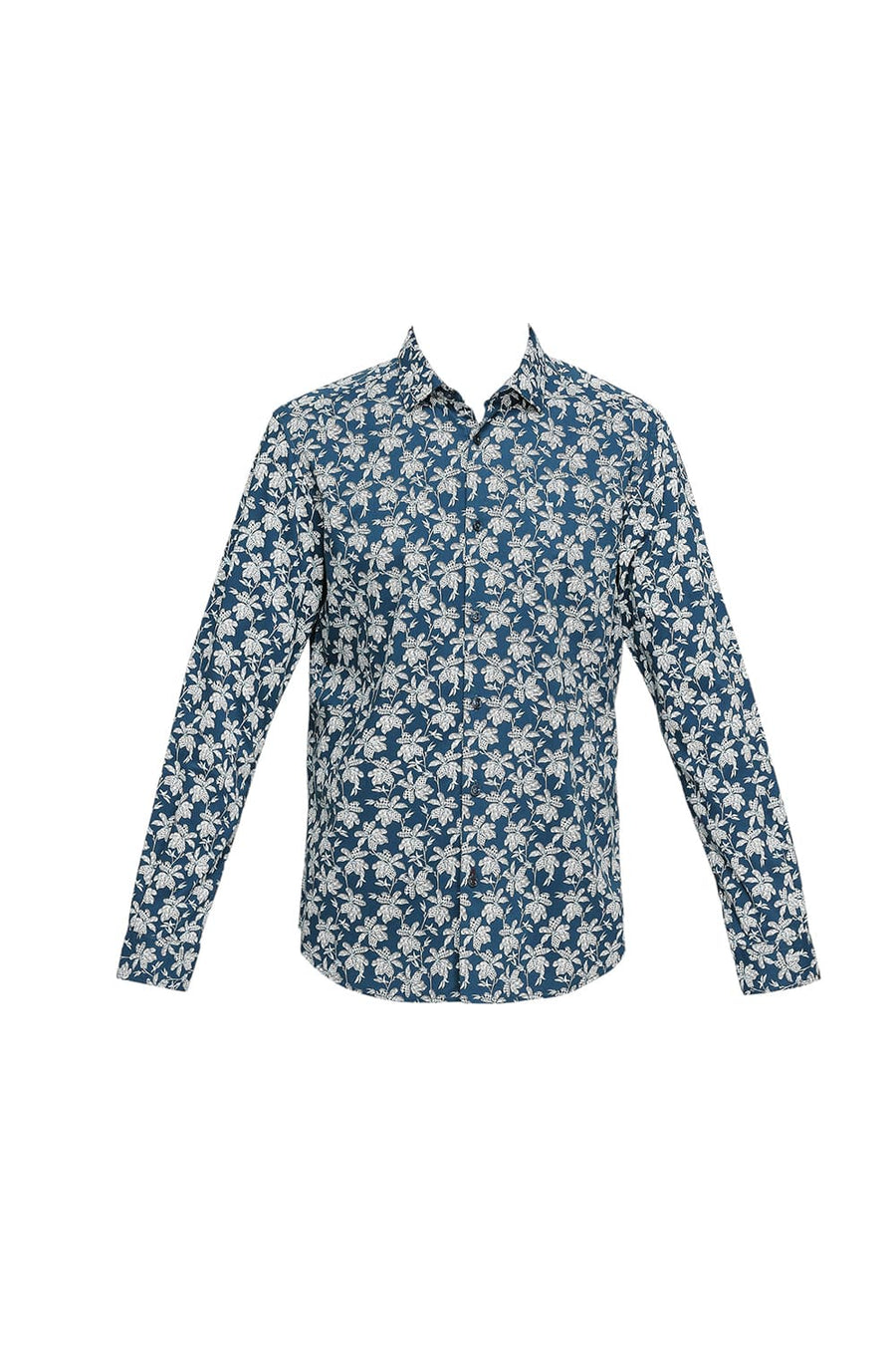 BASICS SLIM FIT LAKE BLUE COTTON VISCOSE PRINTED SHIRT
