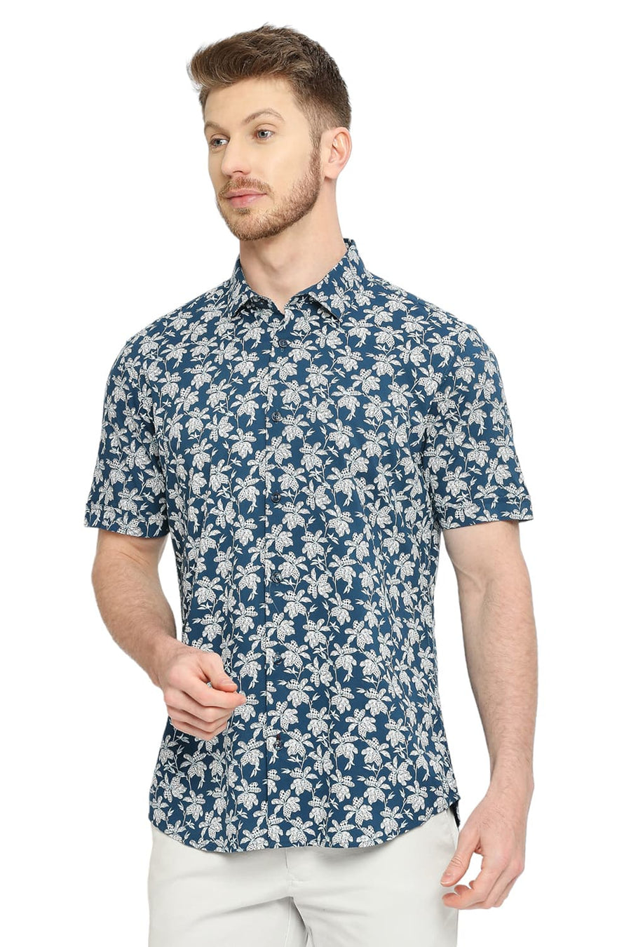 BASICS SLIM FIT LAKE BLUE COTTON VISCOSE PRINTED HALFSLEEVES SHIRT