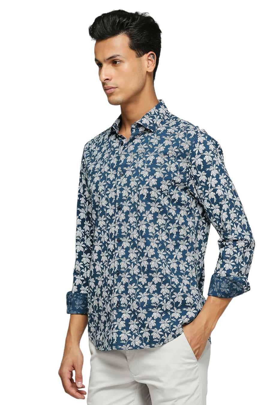 BASICS SLIM FIT LAKE BLUE COTTON VISCOSE PRINTED SHIRT