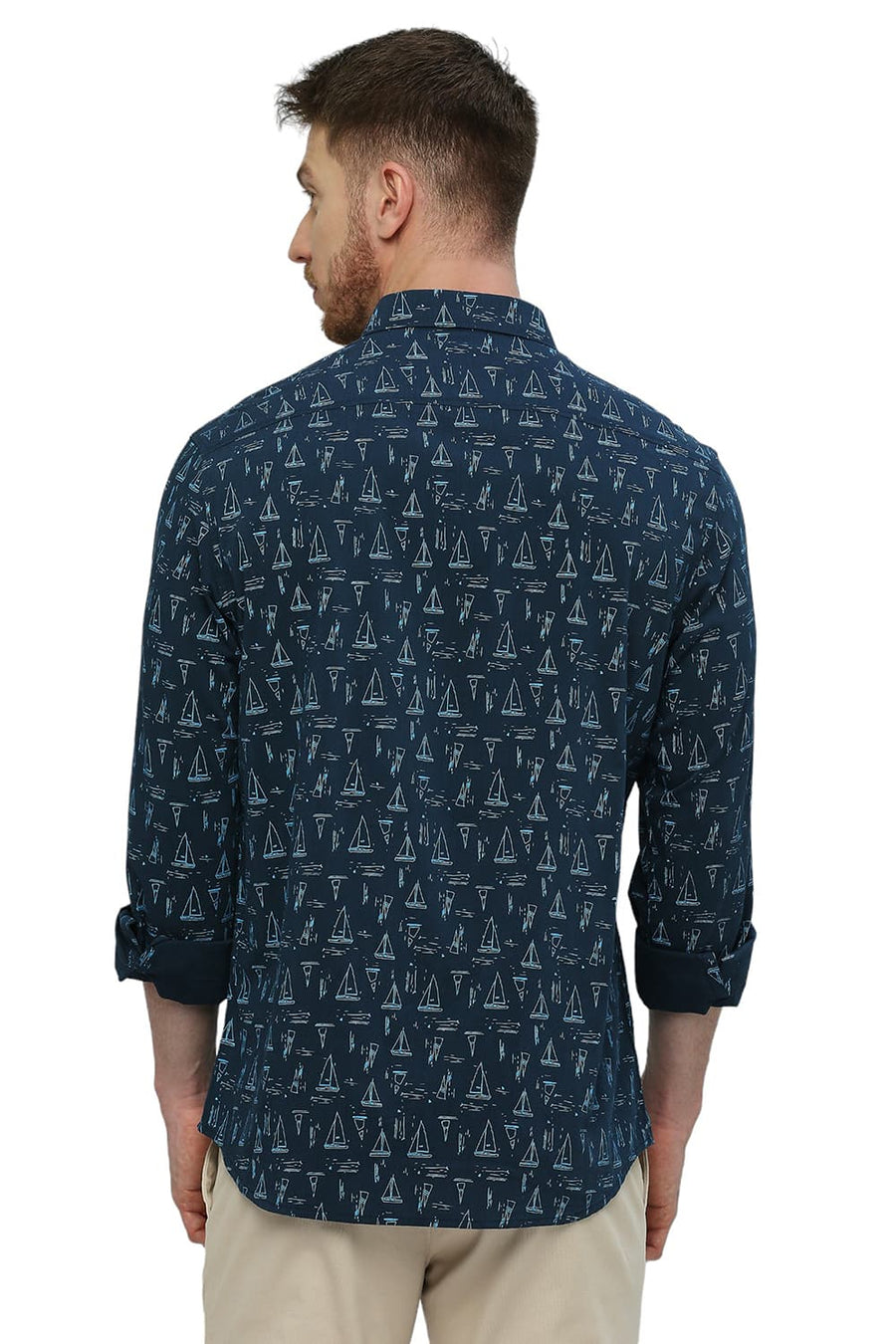 BASICS SLIM FIT SEAPORT BLUE COTTON VISCOSE PRINTED SHIRT