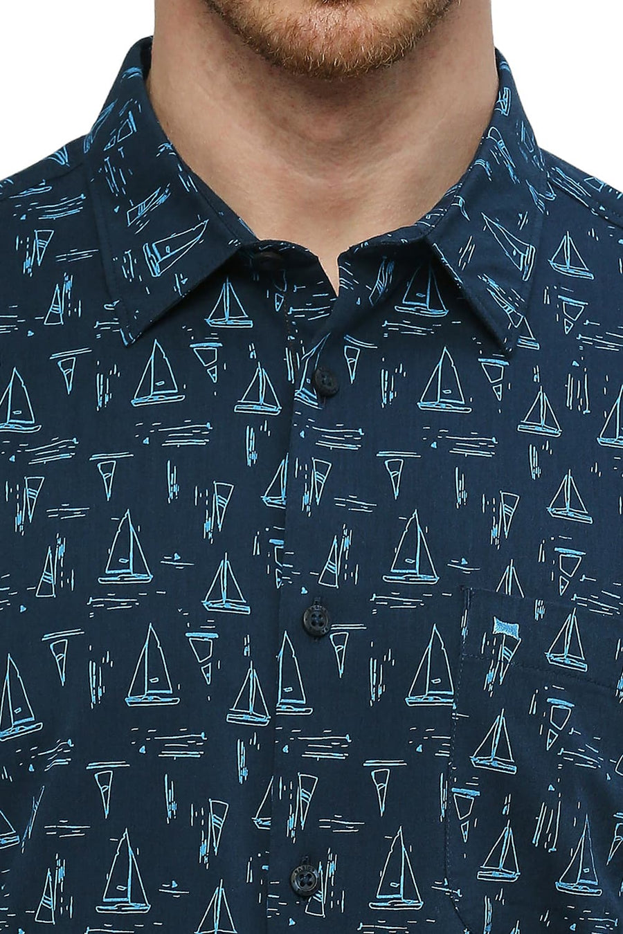 BASICS SLIM FIT SEAPORT BLUE COTTON VISCOSE PRINTED SHIRT
