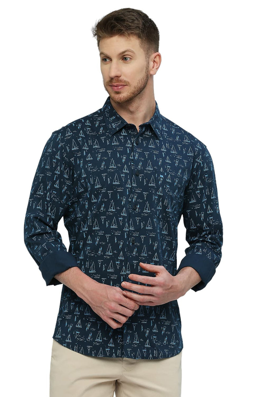 BASICS SLIM FIT SEAPORT BLUE COTTON VISCOSE PRINTED SHIRT