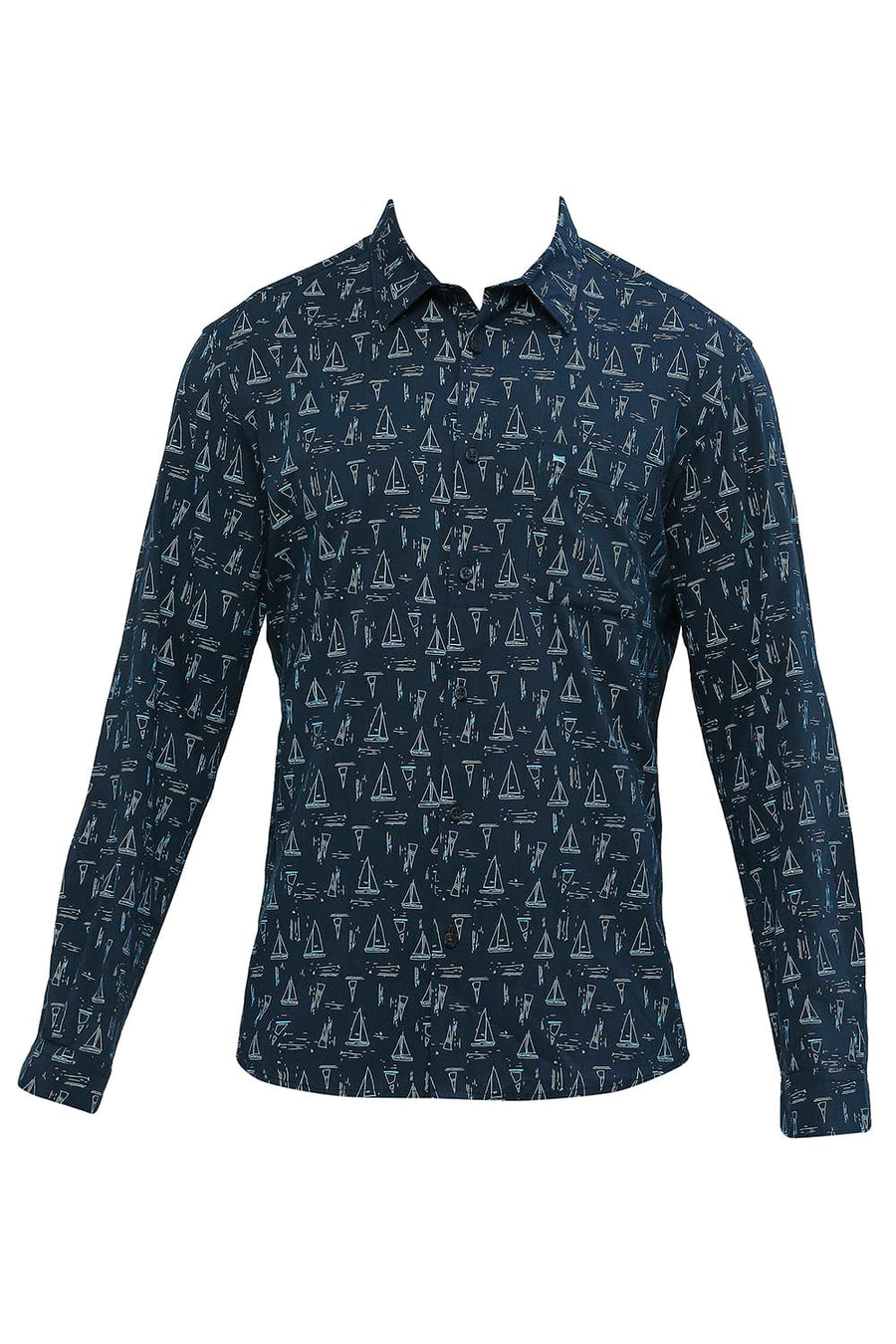 BASICS SLIM FIT SEAPORT BLUE COTTON VISCOSE PRINTED SHIRT