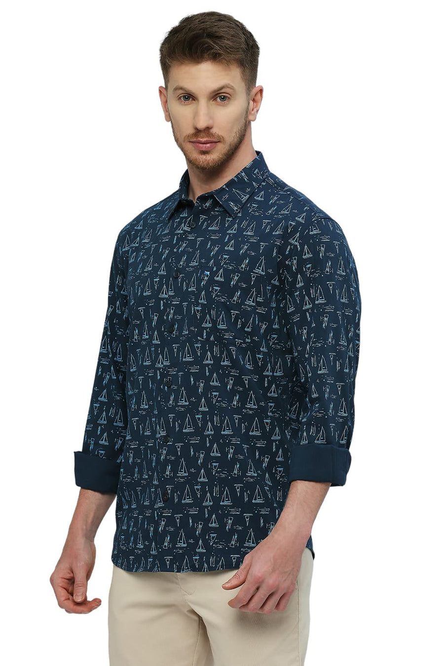 BASICS SLIM FIT SEAPORT BLUE COTTON VISCOSE PRINTED SHIRT