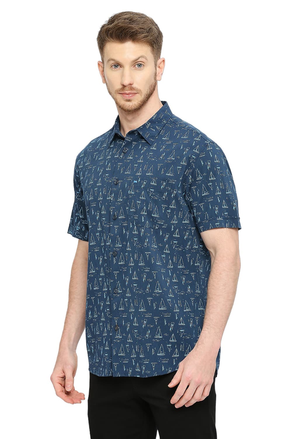 BASICS SLIM FIT COTTON VISCOSE PRINTED HALFSLEEVES SHIRT