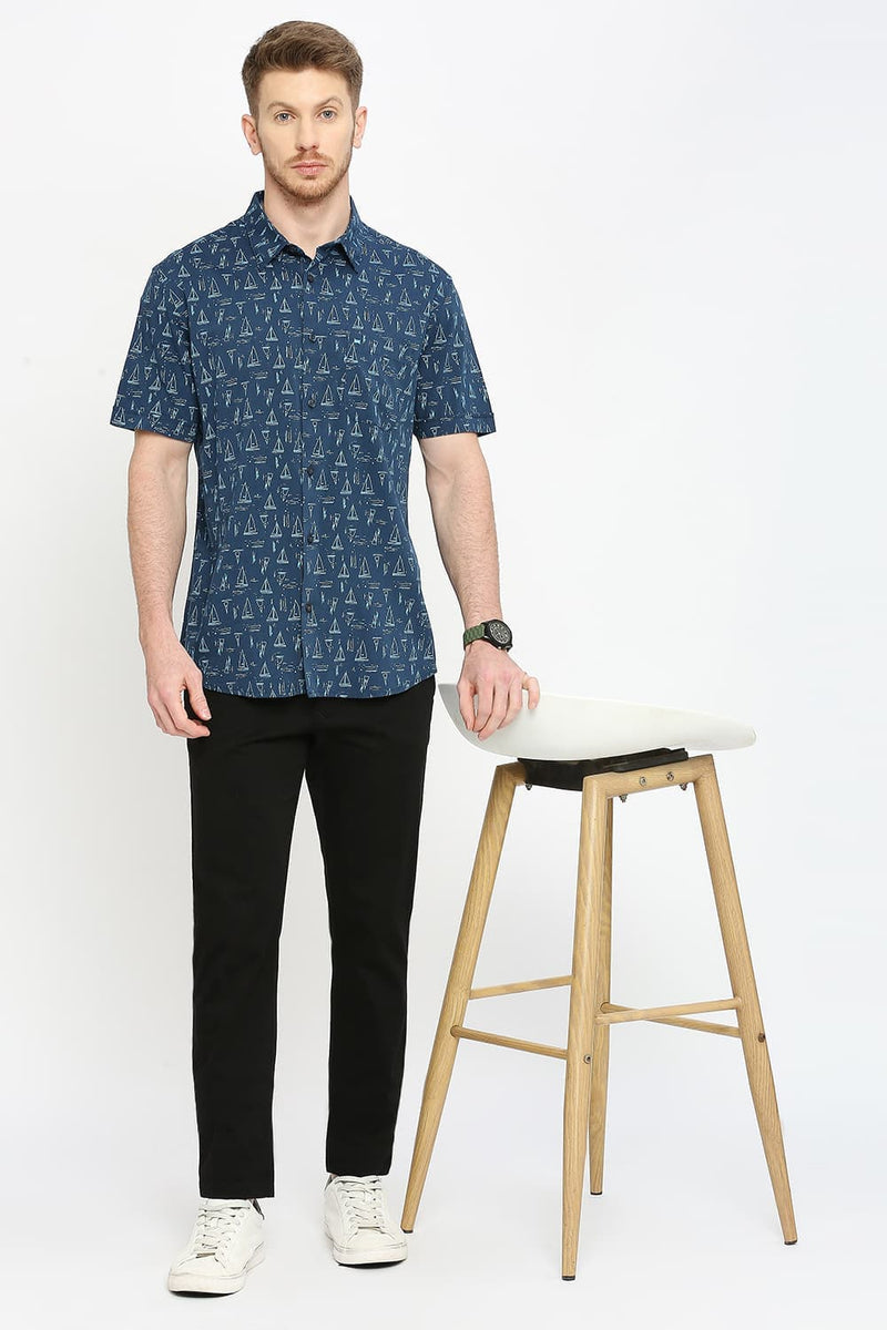 Slim Fit Cotton Viscose Printed Halfsleeves Shirt