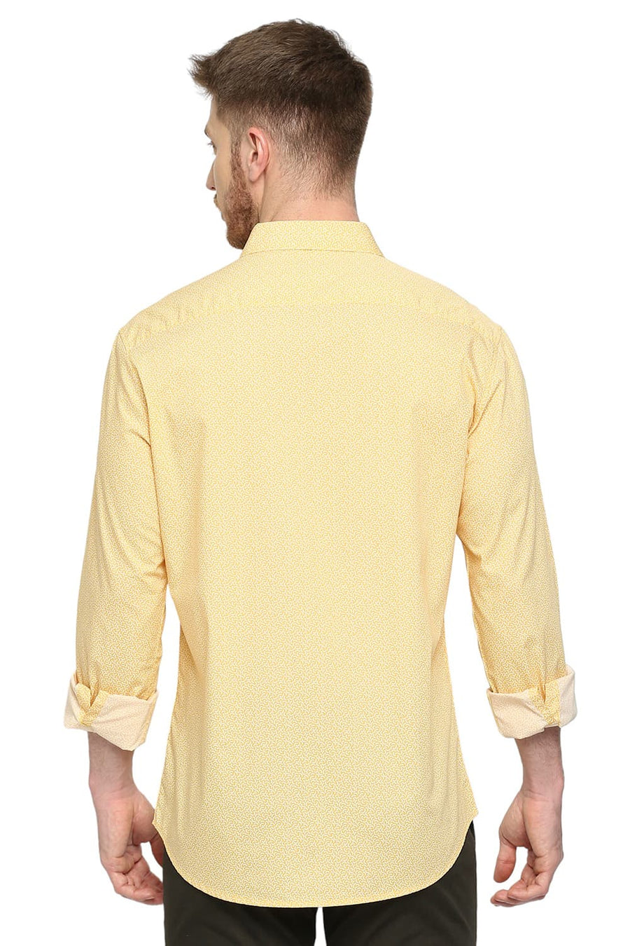 BASICS SLIM FIT GOLDFINCH YELLOW COTTON POPLIN PRINTED SHIRT