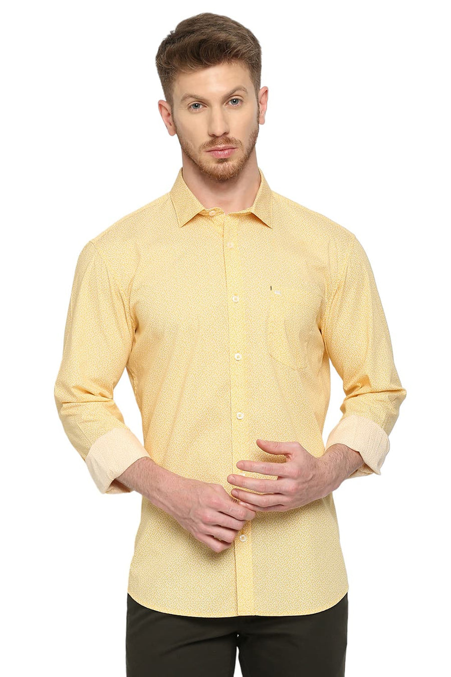 BASICS SLIM FIT GOLDFINCH YELLOW COTTON POPLIN PRINTED SHIRT