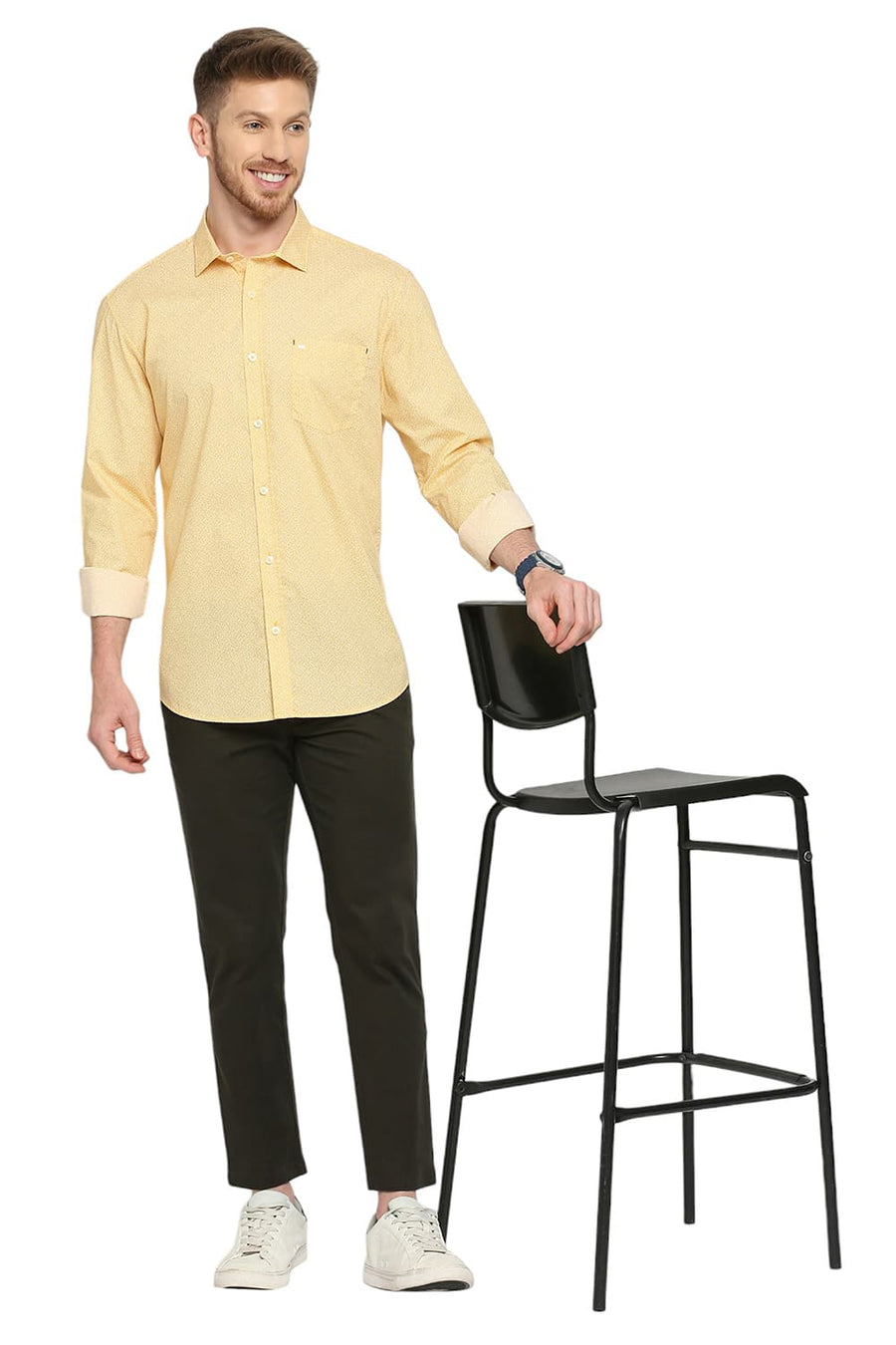 BASICS SLIM FIT GOLDFINCH YELLOW COTTON POPLIN PRINTED SHIRT