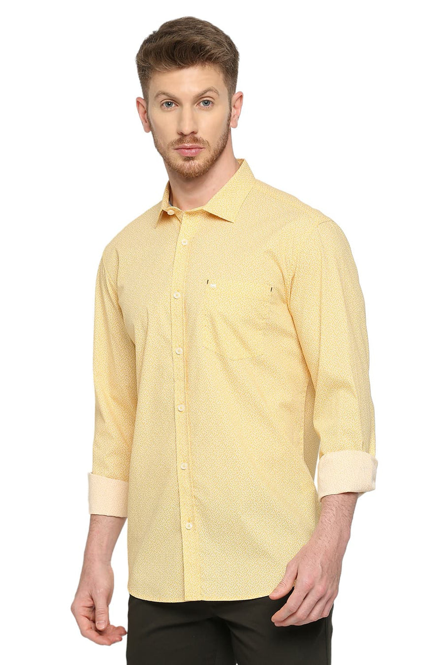 BASICS SLIM FIT GOLDFINCH YELLOW COTTON POPLIN PRINTED SHIRT