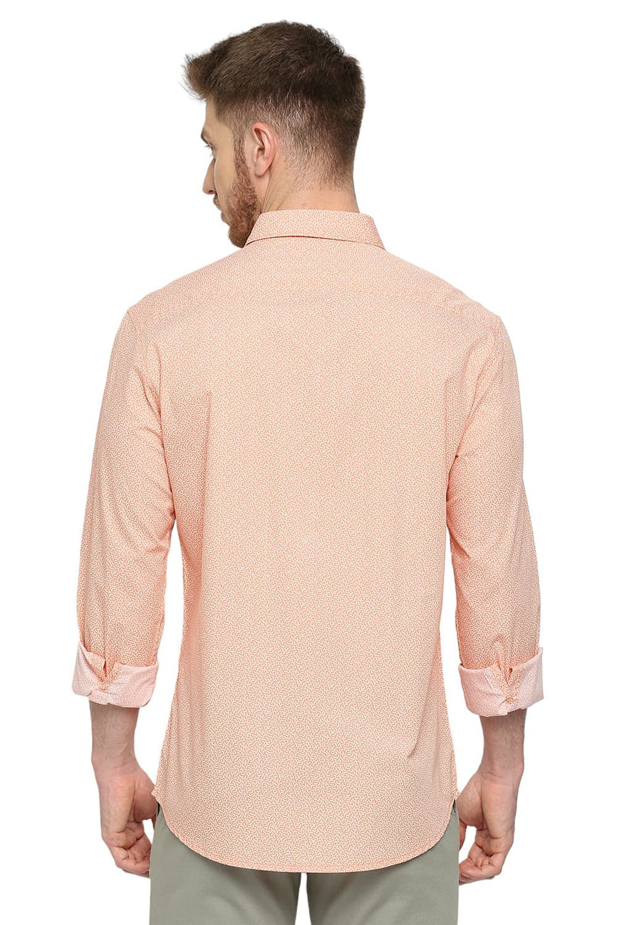 BASICS SLIM FIT AUTUMN SUNSET ORANGE COTTON POPLIN PRINTED SHIRT