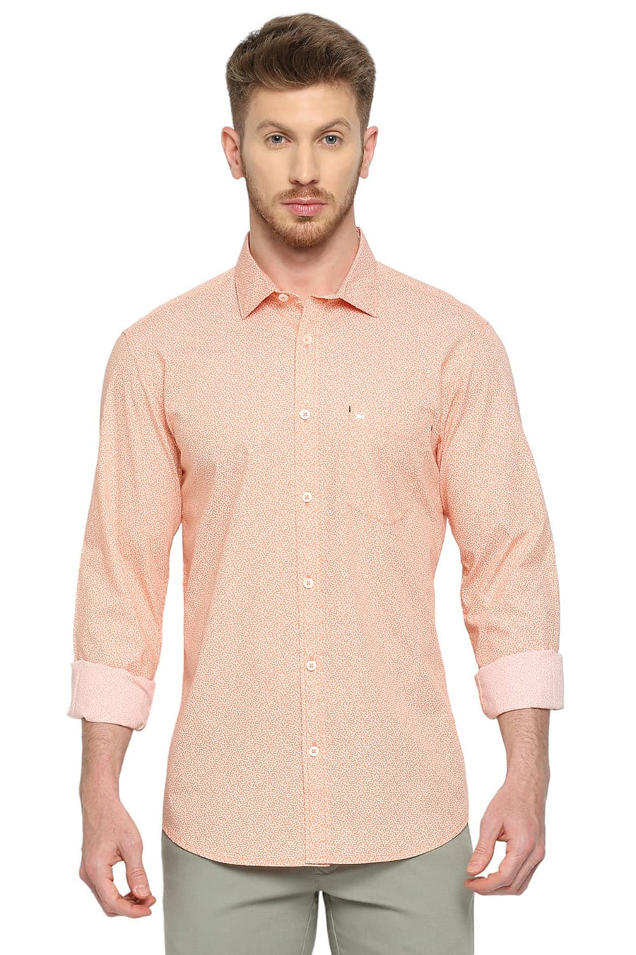 BASICS SLIM FIT AUTUMN SUNSET ORANGE COTTON POPLIN PRINTED SHIRT