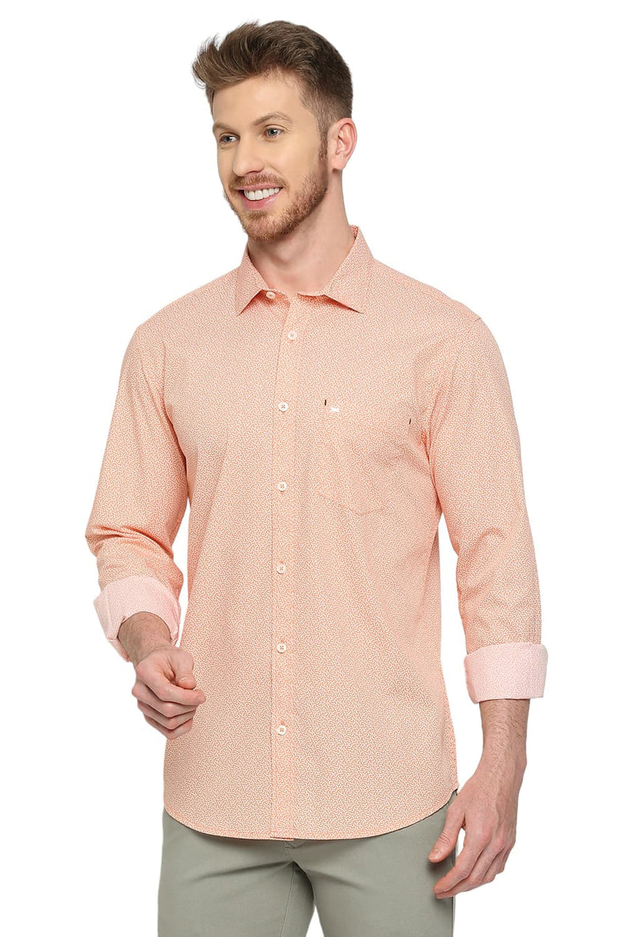 BASICS SLIM FIT AUTUMN SUNSET ORANGE COTTON POPLIN PRINTED SHIRT