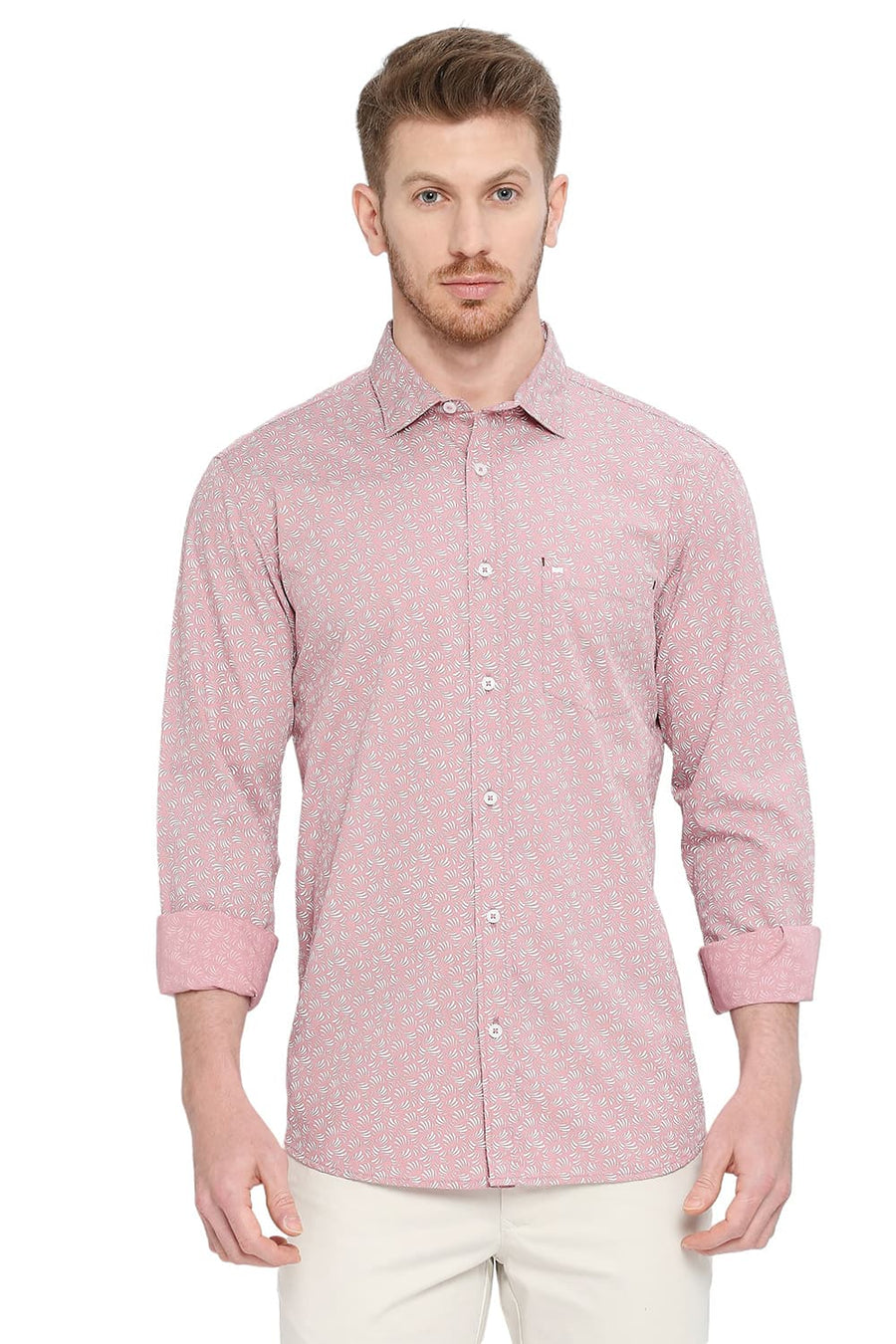 BASICS SLIM FIT SEA PINK COTTON POPLIN PRINTED SHIRT