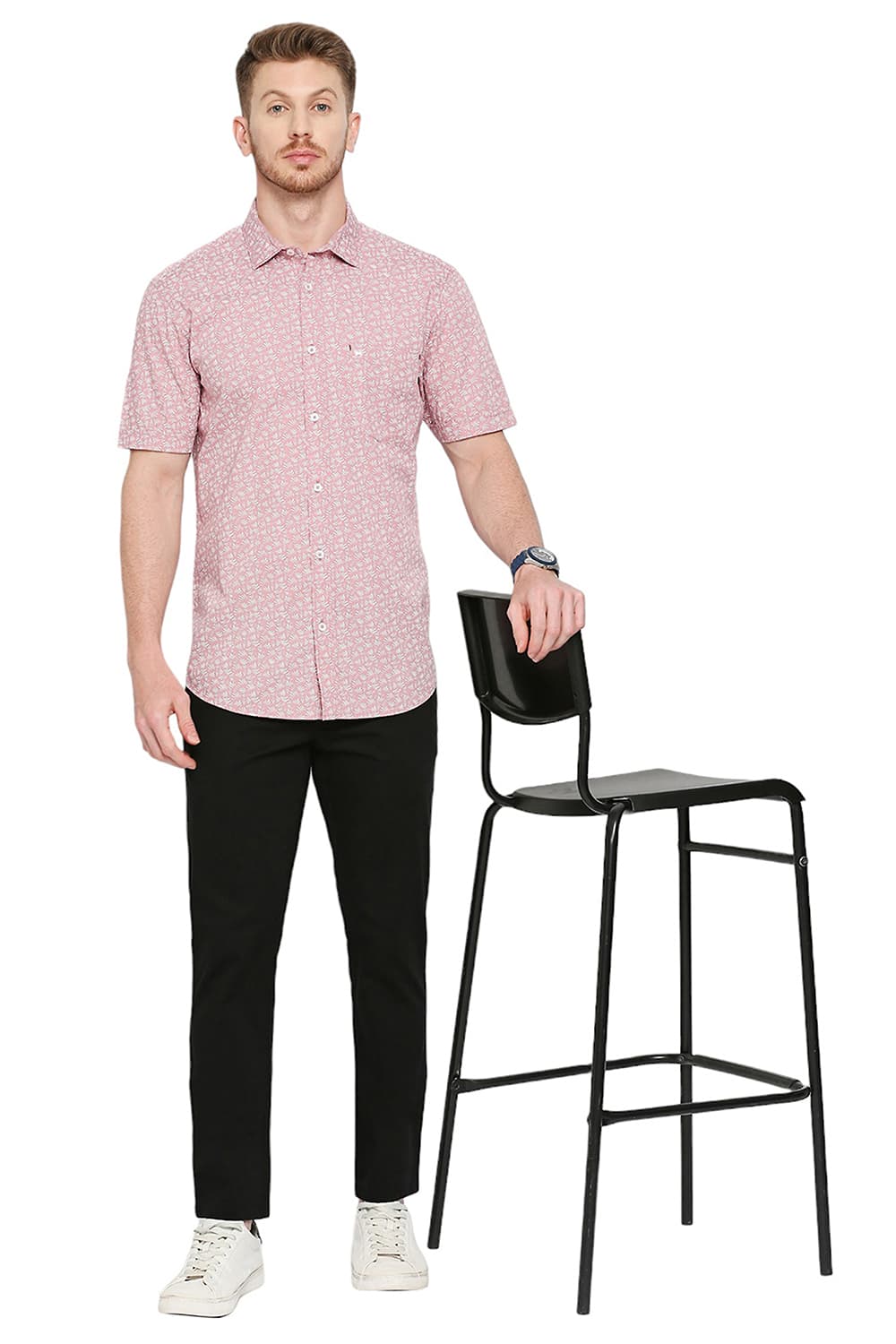 BASICS SLIM FIT COTTON POPLIN PRINTED HALFSLEEVES SHIRT