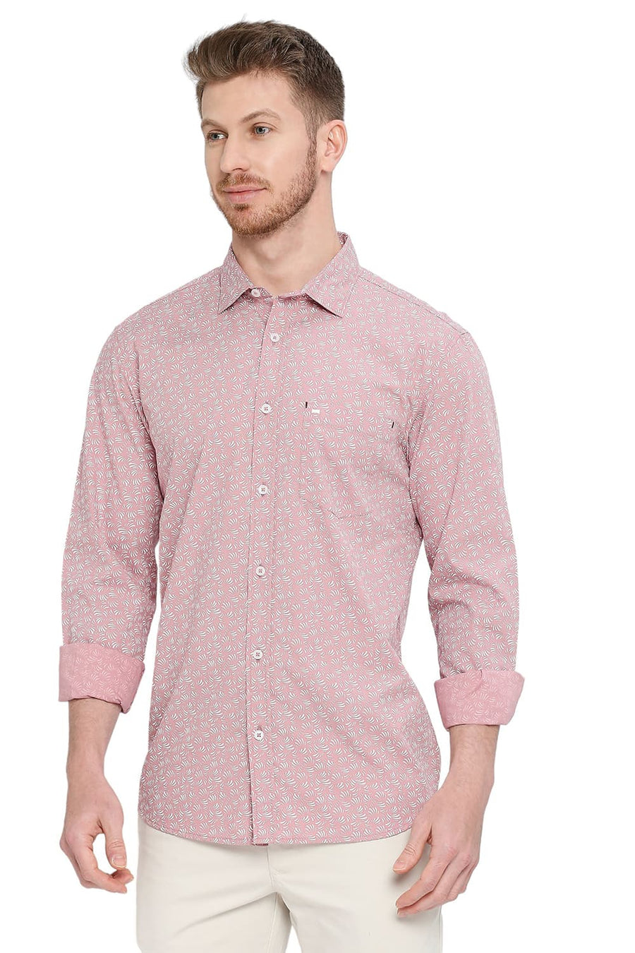 BASICS SLIM FIT SEA PINK COTTON POPLIN PRINTED SHIRT